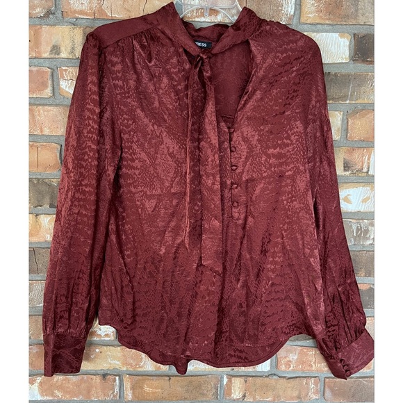 Express Women’s Brown Jacquard Tie Neck Long Sleeve Top Size Medium - Picture 1 of 7